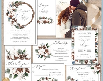 Winter Wedding Invitation Bundle Printable Template Rustic Style with Cotton, Pine Cones, Winter Greenery Christmas Wedding Invitation Suite