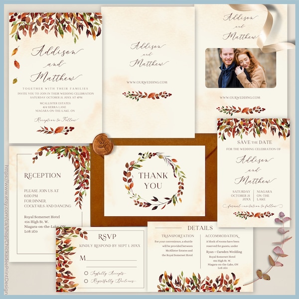 Autumn Wedding Invitation Suite, Fall Wedding Printable Template, Rustic, Burnt Orange, Red Terracotta Wedding Bundle Watercolor Fall Leaves
