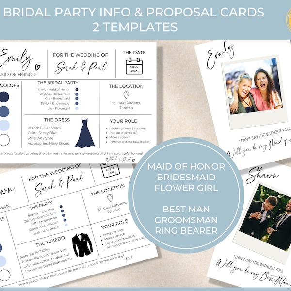 Bridal Party Information & Proposal Cards Set Printable Template Blue White Wedding Bridesmaid Proposal Card Bridesmaid Information Card