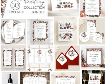 Christmas Wedding Collection Bundle Printable Template, Rustic with Cotton, Holly Berries, Pine Cones, Winter Greenery, Winter Wedding Decor