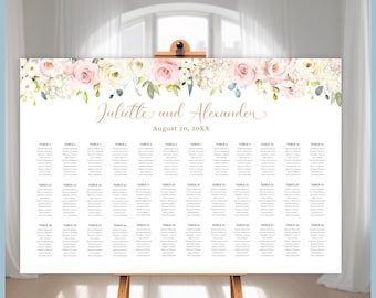 Wedding Seating Chart Sign Blush Pink & White Floral Printable Template, Pink White Rose Hydrangea Eucalyptus Wedding Reception Seating Plan