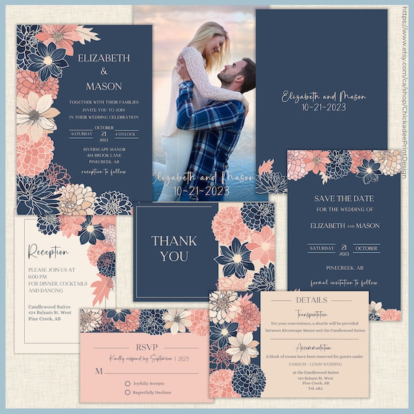 Wedding Invitation Suite Navy Blue and Blush Pink Printable Template, Navy Blush Pink Coral Cream Dahlia Floral Added Photo Contemporary