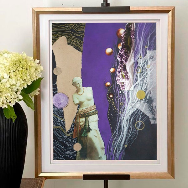 Venus de Milo Collage, Lavender Night, Abstract Handmade, picture painting Original, Mixed Media, Purple Pastel, Paper Art, Home Decor