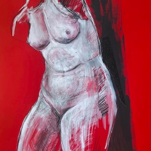 original Kunst, Venus, Erotik, Schmusetuch, Kunst, sinnliche Wand Kunst, leidenschaftliche moderne Kunst, handgemacht, einzigartig, nackt, Gouache, rot, charcoal