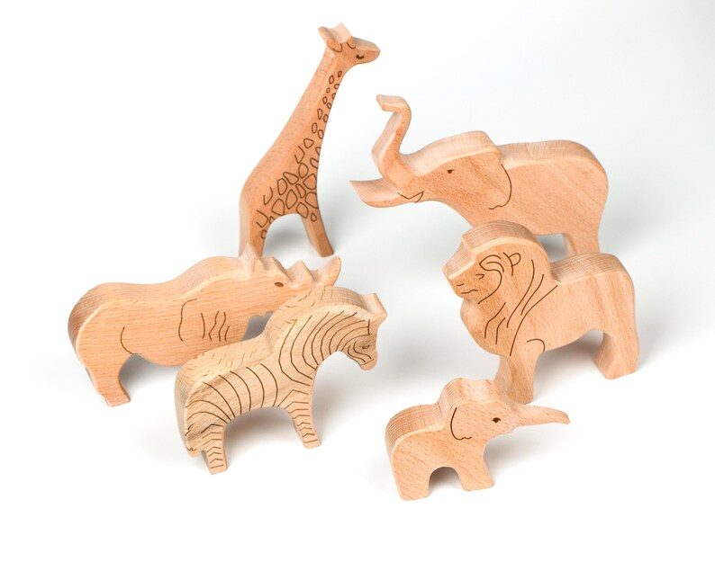 wooden handmade 6 piece safari animal toy set