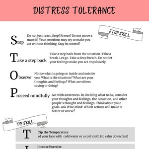 DBT Distress Tolerance Skills STOP and TIP, handout worksheet