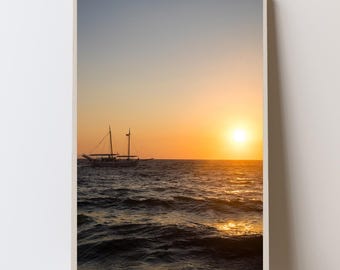 Santorini Sunset Sailboat Photo Print, Coastal Nautical Wall Art