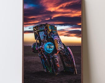 Cadillac Ranch Sunset Print, Texas Art Installation Photography, Americana Wall Art