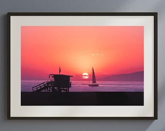 Venice Beach Sunset Print, Colorful Coastal Wall Art, Sailboat Photography, California Beach Decor