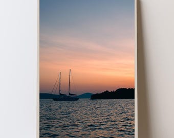 Sailboat Sunset Print, Coastal Nautical Wall Art, Croatia Fine Art Photo