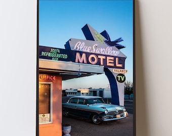 Vintage Motel Fine Art Print, Route 66 Neon Sign, Retro Americana Wall Art