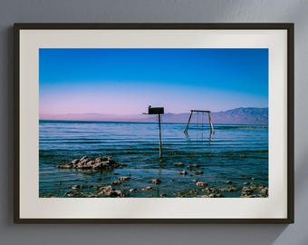Quirky Salton Sea Photo Print, Sunset Wall Art, Surreal Landscape Photography, California Lake Decor