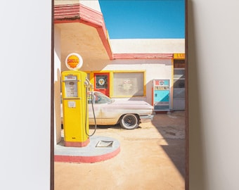 Sunbaked Vintage Desert Gas Station Print, Americana wall art.
