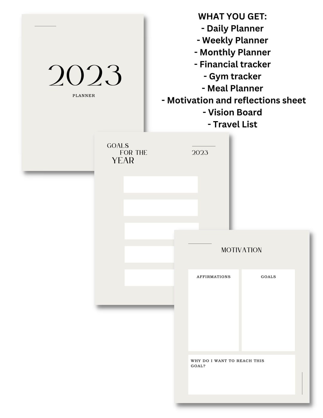 2023 Year Planner, Goals. Motivation, Budgeting, Gym Tracker, Meal