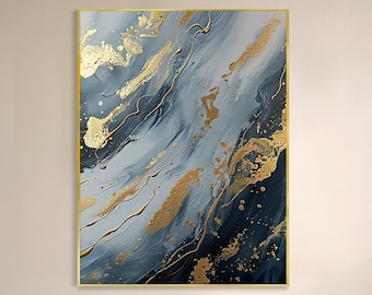 Pittura ad olio astratta blu dorata originale Arte con foglia oro Designer Edizione limitata Decorazione murale di lusso moderna Texture