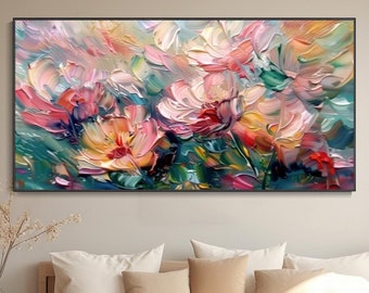 Decorazione da parete peonie in fiore di primavera Dipinto ad olio personalizzato con rose Arte con spatola a colori floreale moderna Regalo