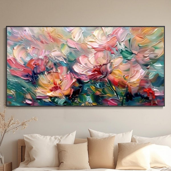 Decoración de pared con peonías florecientes en primavera Pintura al óleo a mano de rosas personalizada Arte moderno con espátula de paleta