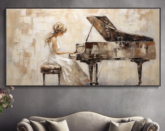 Elegant Lady Piano Music Oil Painting Handcrafted Decor Aesthetic Living White Dress Abstract Background Original Artist Art Textured Beige
