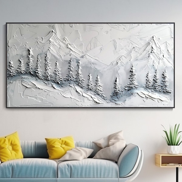 Tableau huile textures épaisses montagnes neige Silence paysage monochrome pin nature œuvre originale déco salon moderne