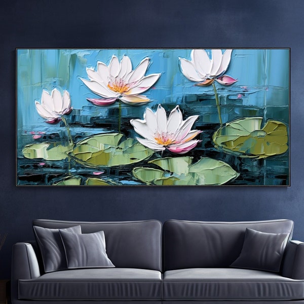 Nénuphars Texturés Art Mural Peint à la Main Toile de Lotus Peinture à l'Huile Été Pond Tableau Esquisse Décor Florale Paysage Cadeau Déco