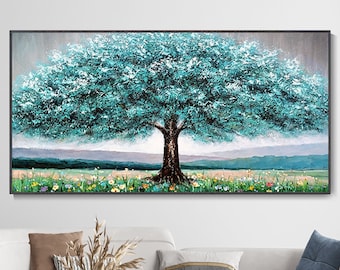 Pintura a óleo pintado à mão de árvore abstrata, pintura de textura de árvore azul sobre tela, pintura doméstica personalizada
