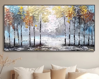 Dipinto Autunnale di Betulle a Mano Panorama Forestale Artistico Mural con Texture Spessa Regalo per il Padre Decorazione Personalizzata