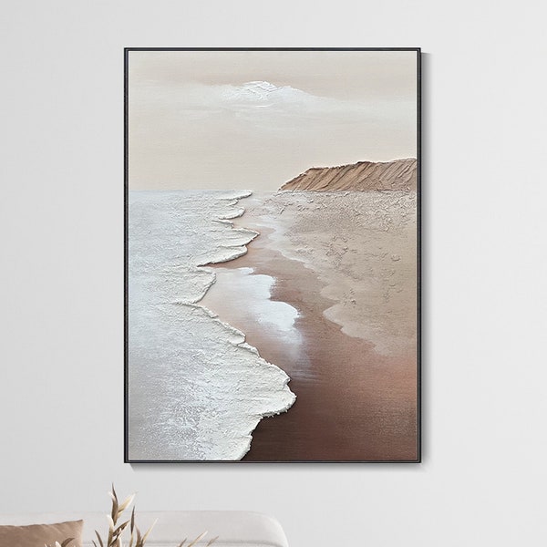 Hand-Painted Beach Awaves Thick Texture Painting, Original Earth Tone Oil Painting, Wabi-Sabi Art Mural, Modern Minimalist Living Room Decor