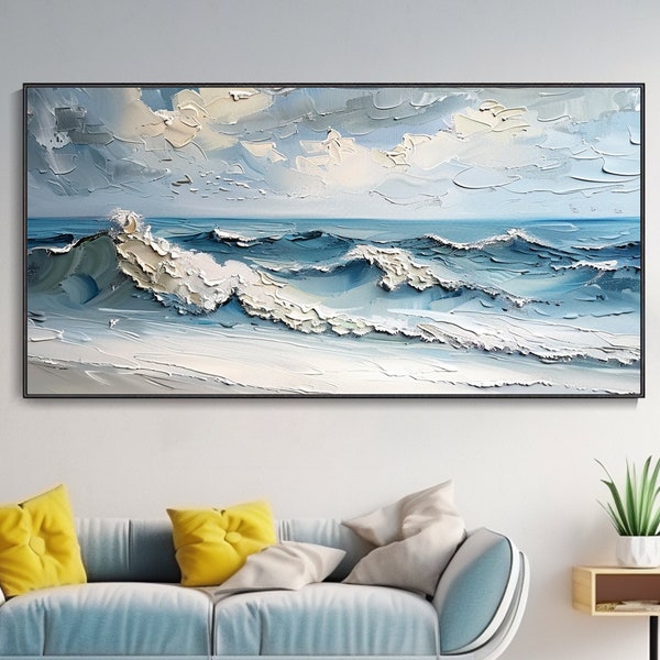 Abstract Seascape Oil Painting 3D Thick Texture Wave Seaside Cloud Scenery Original European American Hot-Selling Size Customized Office Art