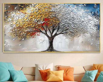 Peinture murale arbre de prospérité en or argenté toile de grande taille les quatre saisons paysage dorure arbre cycle de vie texture art