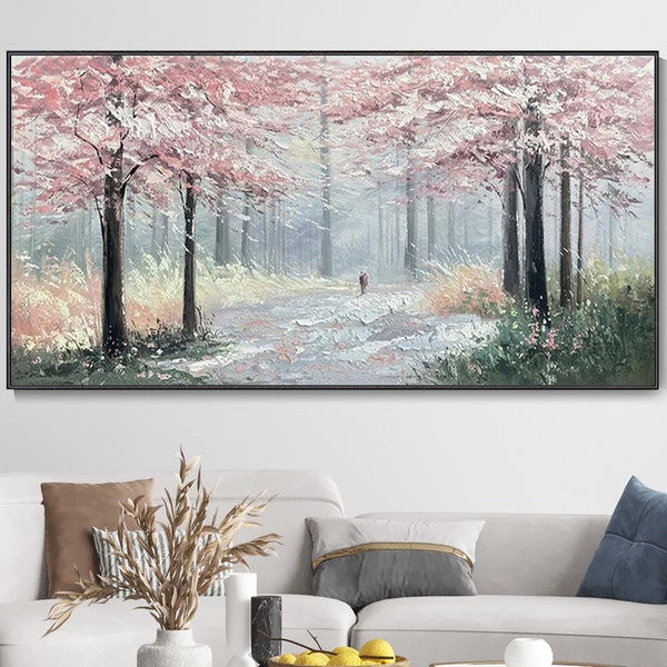 Large Original Pink Woods Landscape Oil Painting, Spring Forest Avenue Wall Decor, Romantic Couple Painting Handmade Custom Anniversary Gift
