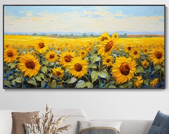 Campo Di Girasoli In Fiore Dipinto a Mano, Arte Murale Tela Floreale, Scenario Idilliaco Estivo All'Aperto, Decor Per La Casa Calda e Solare