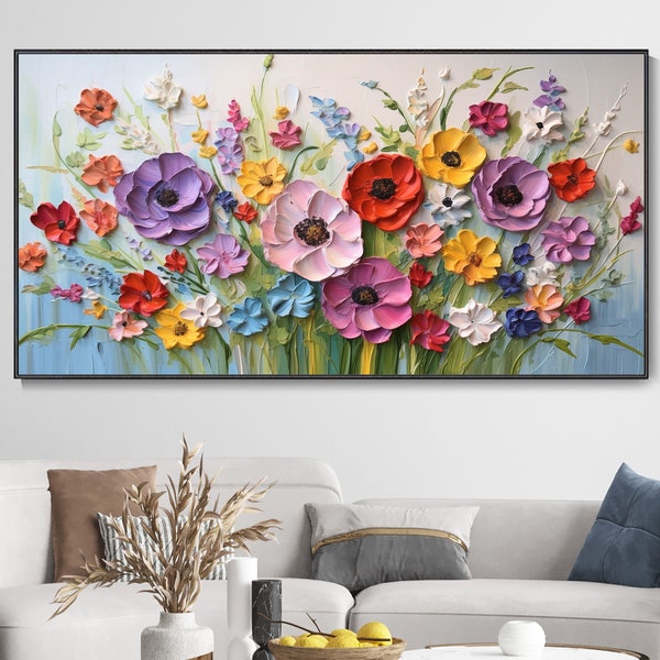 3D Farbenfrohe Florale Handgemalte Ölgemälde, Frühlingsstrauß Leinwand Texturierte Wandkunst, Minimalistische Schlafzimmer Nachttischdekor