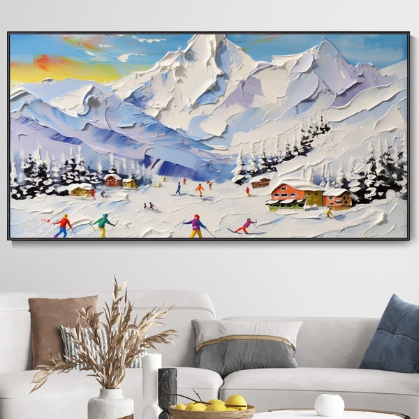 3D Skirennen Gemälde, Winter Verschneite Berglandschaft Ölgemälde, Bunte Wald Gebäude Leinwand Wandkunst, Sport-Party, Weihnachtsgeschenk