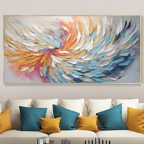 Envol des Ailes Texture épaisse Peinture à l'huile Oiseaux abstraits Vol Bleu Orange Décor mural pour Salon Bureau Bannière Art visuel