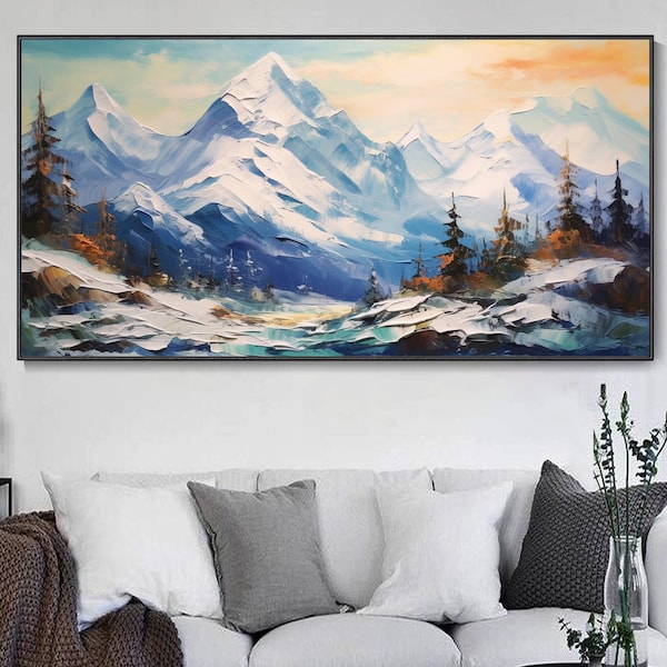 Peinture à l'huile sur toile originale de montagnes enneigées Art mural personnalisé de la forêt hivernale Abstraction paysage de rivière