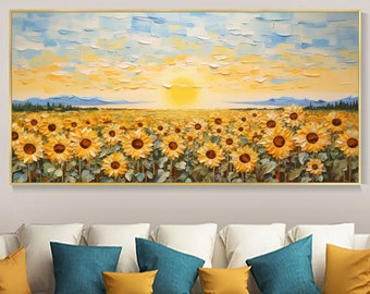 Große Sonnenblume Leinwand Ölgemälde, Sommer Sonnenaufgang Wolken Home Decor Gelbe Florale Strukturierte Wandkunst Personalisiertes Geschenk
