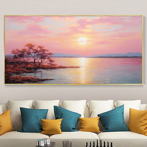 Peinture à l'huile originale de lever de soleil rose Paysage marin de coucher de soleil Réflexion de lac Art de paysage boho Île de forêt