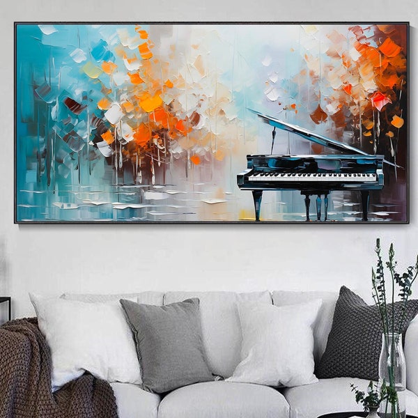 Original Classical Piano Oil Painting, Music Lover Home Decor, Colorful Forest Wall Art, Customizable Gift, Minimalist 3D Hand Painted Art