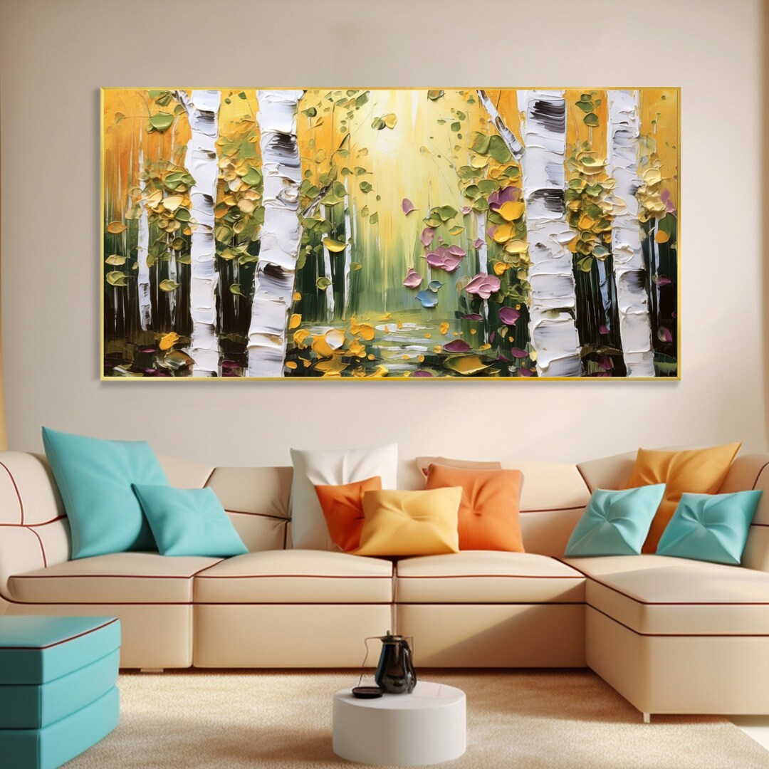 Large Birch Tree Canvas Oil Painting Warm Sunrise Light Textured Wall ...