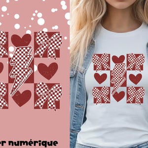 Cœur damier rouge et blanc orné d'un éclair,téléchargement numérique PNG 300DPI,St valentin,Amour