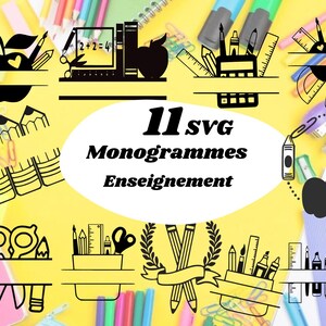 Bundle de monogrammes,fichiers SVG pour machines de découpe,clipart numérique, enseignement,école, crayons, cœur, pomme, outils d'écriture