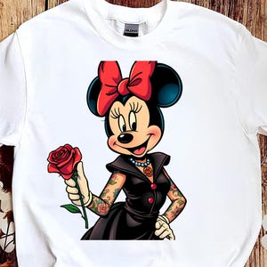 Minnie Mouse, met het beroemde Disney-personage in een artistieke, cartoonachtige rockabilly-pin-up, PNG-stijl.