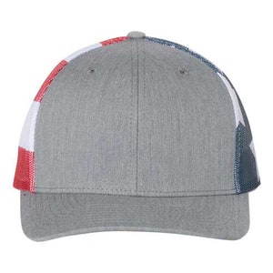 May include: A gray and white trucker hat with a red, white, and blue American flag design on the side.
