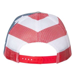 May include: A red, white, and blue trucker hat with a mesh back. The hat has a red, white, and blue American flag design.