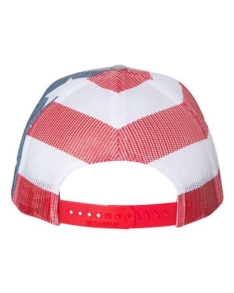 May include: A red, white, and blue trucker hat with a mesh back. The hat has a red, white, and blue American flag design.
