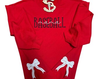 Baseball Mama, Softball Mama, School Spirit embroidered sweatshirt with side bows