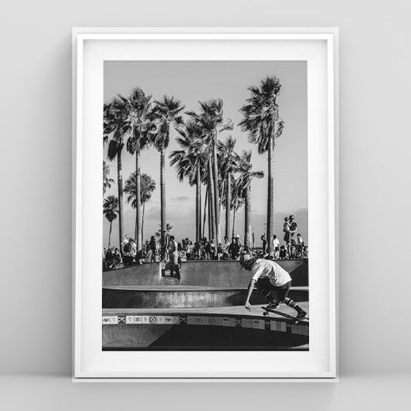 California Photography Digital Print | Venice Beach SkatePark | Kust Wall Art Decor | Zwart-wit | Los Angeles