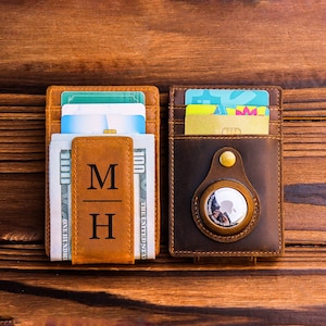 Mens Leather Money Clip Personalized, Slim wallet with money clip, Leather Money Clip Gifts for Men Gift for Husband, Thin Wallet for men