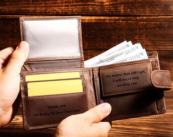 Personalized Engraved Men's Wallet, Genuine Dark Brown Leather Wallet, Personalized Gift for Him, Boyfriend, Husband, Dad, Father's Day Gift