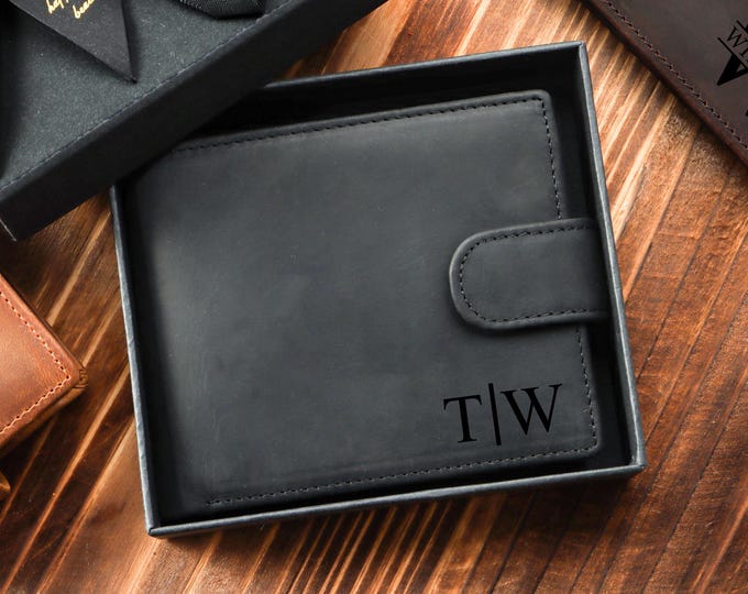 Cartera de cuero negro genuino grabada, billetera con caja de regalo, billetera para padrinos de boda, billetera personalizada, regalo para novios, regalo para el día del padre para él